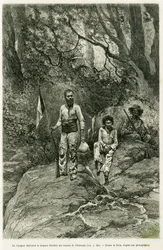 O viajante a hastear a bandeira tricolor para as fontes do Orenoque. Gravura de Riou, para ilustrar a história Voyage aux sources de l
