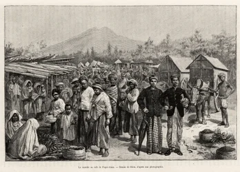 O passeio no Pager Alam Cafe (Malásia). Gravura de Riou para ilustrar a história "um ano na Malásia", de Jules Claine (1856-1939)