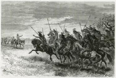 Índios Tobas (da região do Chaco, entre Paraguai e Bolívia) recusam-se a passar para a coluna da expedição de Thouar. Gravado por Riou, para ilustrar a história "Em busca dos restos da missão Crevaux", em 1884, de A. Thouar (1853- desaprovar