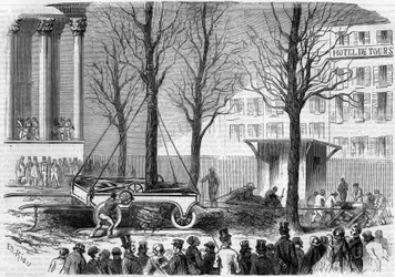 Transplante de árvores na Place de la Bourse em Paris durante o inverno de 1858. Gravura de Riou no "Le Monde Illustré" n°46 de 27 de Fevereiro de 1858.