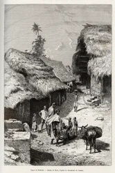 Tipos de Pakhala (Costa do Marfim). Gravura de Riou, para ilustrar a história "From Niger to the Gulf of Guinee" do Capitão Louis Gustave Binger (1856-1936), em 1887-1889, em Le tour du monde, nouveau journal des voyages, sob a direcção de Edouard Cha