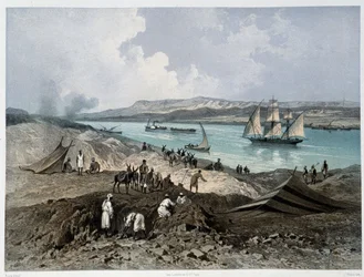 Vista do canal em "Inauguração do Canal de Suez por G. Nicole". 1869