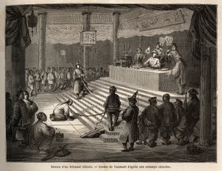 Um tribunal chinês, o acusado aparece no tribunal rodeado por um gendarme que o mantém acorrentado e seu açougueiro, desenhado por Vaumort (? -1886), para ilustrar a viagem de Xangai a Moscou, de 1859 a 1862, de M. de Bourboulon, ministro francês a Ch