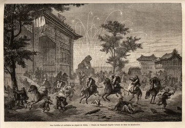Fogo de artifício em Pekin e confusão da tripulação da legação francesa na partida para a Mongólia. Desenho de Vaumort (? -1886), para ilustrar a viagem de Shanghai a Moscovo, de 1859 a 1862, de M. de Bourboulon, ministro francês à China. Gravura