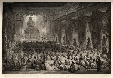 Cerimônia religiosa em um lamasserie chinês, desenho de Vaumort (? -1886), para ilustrar a viagem de Shangai a Moscou, de 1859 a 1862, de M. de Bourboulon, ministro francês à China. Gravura em "Le tour du monde", editado por Edouard Charton