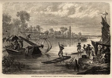 São descritos os vários métodos de pesca nos rios da província de Pet Tche Li (pesca ao fogo, pesca tridente, pesca de peixe, pesca de xadrez e pesca costeira). Desenho de Vaumort (? -1886), para ilustrar a viagem de Xangai a Moscovo, a partir de 185