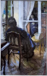 Na janela Mulher lendo um livro e olhando pela janela do século 20 (óleo sobre tela)