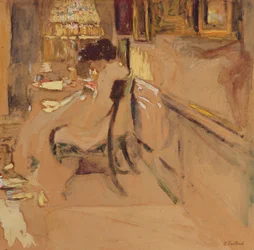 Senhora Hessel Costura sob a lâmpada, c.1905