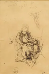 Madame Bénard sentada com uma estola desenhada de seu lenço na cabeça