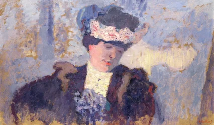Madame Hessel usando um chapéu decorado com flores, c.1905