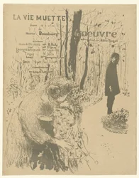 Capa para livreto do programa com mulher com dois filhos e homem no parque para jogar La vie muette com lista de papéis e atores La vie muette