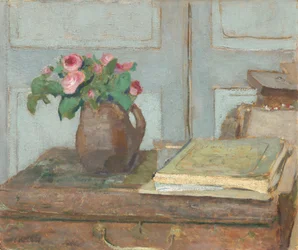 A caixa de pintura do artista e rosas de musgo