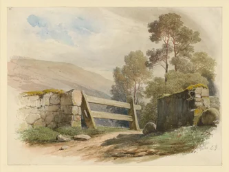 Paisagem com muro de pedra e portão