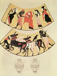 Desenhos de um vaso etrusco representando uma procissão de sacerdotes e marcando os novos limites da cidade usando um arado puxado por bois