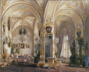 Interiores do Palácio de inverno. A sala de estar em estilo rococó com cupidos, década de 1860