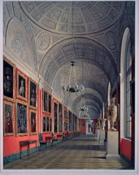 The New Hermitage, The Romanov Gallery, North Site (The New Ermitage, The Romanov Gallery, North Site). Obra de Eduard (Edouard) Hau (1807-1887), aguarela sobre papel 1864. Arte russa do século XIX. Estado Hermitage São Petersburgo.