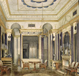 A Sala de Estar da Imperatriz Maria Alexandrovna no Grande Palácio em Tsarskoye Selo (wc, guache e tinta sobre papel)