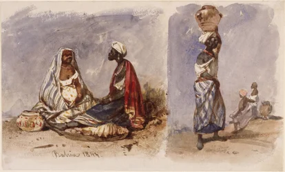 Duas cenas com vendedoras ambulantes da Bahia, sentadas e de pé