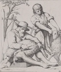 Dois homens tosquia de ovelhas, ca. 1842.
