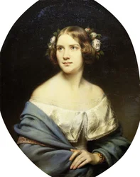 Retrato de Jenny Lind, com metade do comprimento em um vestido branco e um xale azul claro,