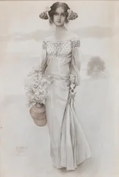 Uma garota com um jarro e um buquê de flores, 1914.