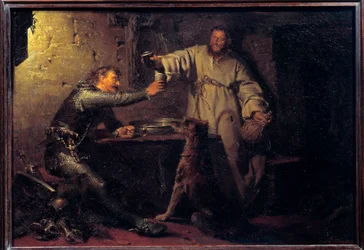 Guerreiro de meia-idade brindando com um eremita numa taberna. Pintura de Eduard von Grützner (1846-1925), 1878. Dimensões 0,44 x 0,63 m. Paris, Museu d