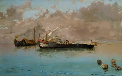Marina com barcos de pesca, de Eduardo Dalbono (1841-1915), óleo sobre tela, 64,5x104,5 cm