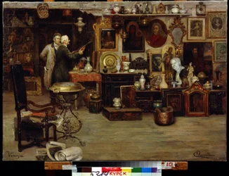 A loja da curiosidade. Pintura de Eduardo Vianella (século XIX). Óleo sobre tela, 63,2 x 88,7 cm. Arte italiana do século XIX. Galeria de Arte Regional A.Deneik, Kursk.