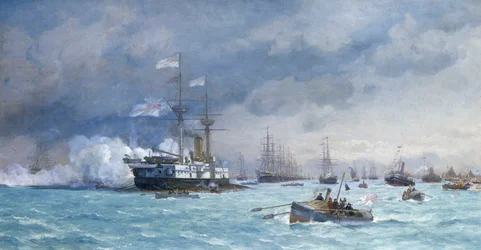 HMS "Edinburgh" em exercício anti-torpedo, c.1887 (óleo sobre tela)
