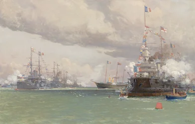 L "Entente Cordiale: O Royal Yacht Victoria & Albert III revisando a frota anglo-francesa em Cowes Road, 1905