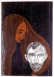 Cabeça de um homem no cabelo de uma mulher