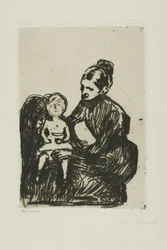 Enfermeira com um menino/a mãe e a criança chorando