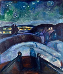 Noite estrelada. Paisagem nocturna no Norte da Europa. Pintura de Edvard Munch (1863-1944), 1923-1924. Sol. 139x119 cm, Oslo, Kommunes Kunstsamlinger, Munch-Museet (Musée Munch)