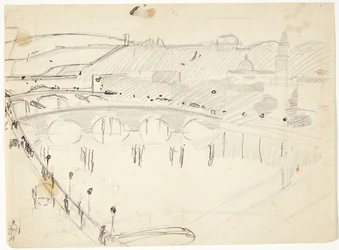 Vista de uma janela no Lungarno sobre o rio em direção a Santo Spirito e as colinas de San Miniato, Florença