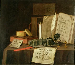 Um Trompe L "Oeil com um suporte de tinta de estanho, livros e papéis, 1702