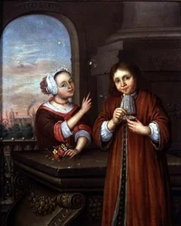 Menina apontando para um menino soprando bolhas em um ambiente arquitetônico