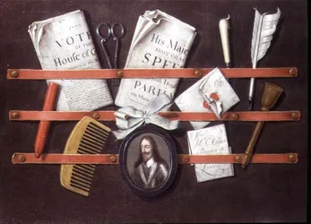 Porta-cartas com documentos e miniatura de Charles I