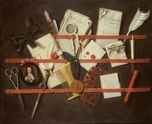 Trompe loeil carta rack com um retrato em miniatura de um jovem em armadura, 1697 (painel)
