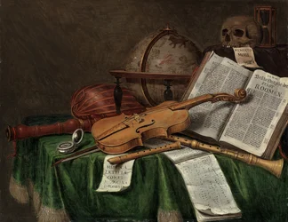 Vanitas ainda vive com um globo astrológico, um violino, uma caveira, uma ampulheta, um livro aberto, uma partitura, um relógio, um alaúde e outros instrumentos musicais em uma mesa drapeada, década de 1680