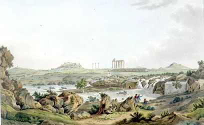O Templo de Júpiter Olympios e Rio Ilissos, placa 30 da Parte 5 de "Views in Greece", gravada por Thomas Medland