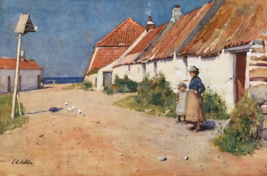 Casas de campo à beira-mar com pombal (aguarela sobre papel)