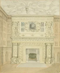 Chaminé, Great Oak Room, Red Lodge (lápis e aguarela sobre papel)