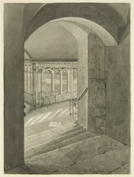 Entrada para os Claustros da Catedral de Bristol com o túmulo de Edward Bird (lápis e aguarela sobre papel)