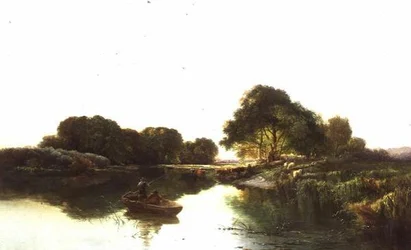 Uma paisagem fluvial com pesca de pescadores