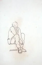 Auto-retrato do Artista, sentado, com as mãos entre os joelhos, a partir de um álbum de desenhos (lápis sobre papel)