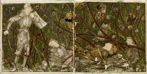 Um conjunto de dezesseis peças dispostas em pares para formar oito ilustrações do conto "Briar Rose", 1862 - 1865 (cerâmica)