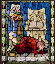 Rei Davi chorando e orando pela vida de seu filho doente, e então aceitando com firmeza a morte da criança, c.1896 (vitral)