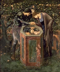 A cabeça funesta, ilustração de «The Earthly Paradise», de William Morris; Perseu mostra a Andrómaca a cabeça de Medusa refletida num poço