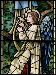 Wilden, Todos os Santos, Morris & Co., Edward Burne-Jones, John Henry Dearle (1859-1932), Anjos do Paraíso, Anjo Músicos, detalhe, 1902-1914, Louisa, Alfred, Os Baldwins, Primeiro Ministro, Metodista, Wo