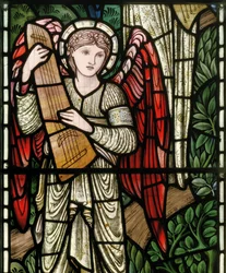Wilden, Todos os Santos, Morris & Co., Edward Burne-Jones, John Henry Dearle (1859-1932), Anjos do Paraíso, Anjo Músicos, detalhe, 1902-1914, Louisa, Alfred, Os Baldwins, Primeiro Ministro, Metodista, Wo